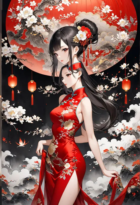       wearing red cheongsam (Long silk cheongsam with multicolored and gold-silver embroidered flowers )Oriental beautiful girl,Have perfect anatomy,beautiful and elegant masterpiece of art, background is(minimalist abstract flat)abstract fuzzy giant leaf ...