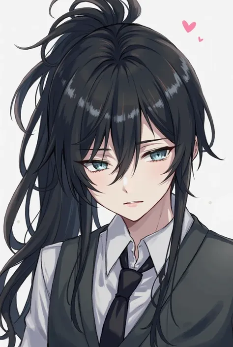 Gender:{Male}
Hair:{long silky, in black hair colour. It has a lot of volume and texture, with some pieces sticking up and others falling down. The bangs are short and sweep to the side. He usually tie it up into a high ponytail}
Eyes:{soft pale blue}
Expr...