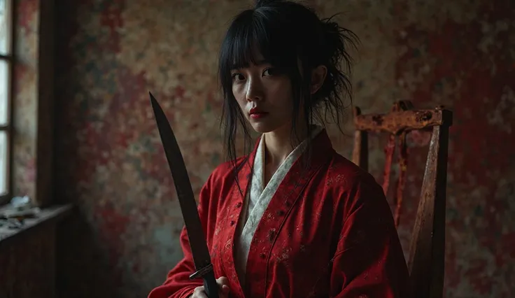 Japanese hot woman with a psychopath face with blood warring red color japanese traditional cloth,open hair and she's standing with a knife background of a dark vibe torture room and she's torturing a boy with white hair he's handsome and he is sitting in ...