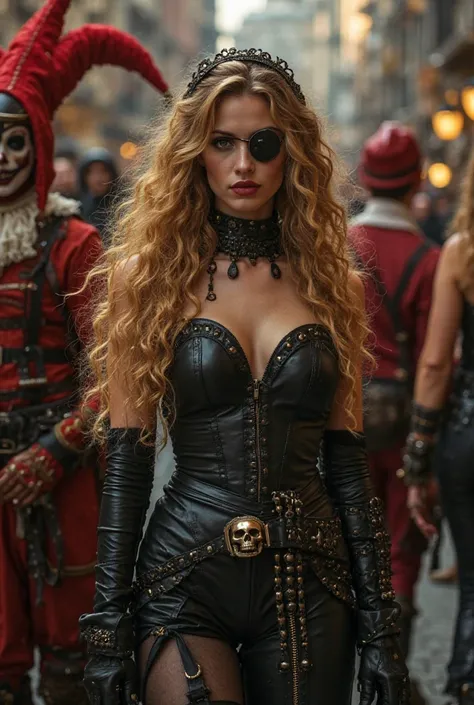 beautiful woman with long curly golden hair falling down, wears an eye patch, wears an eyepatch on her eye. She wears an elegant tight black steampunk style leather dress type armor , black gloves, high heel flip flop sandals, skull buckle belt, she is in ...