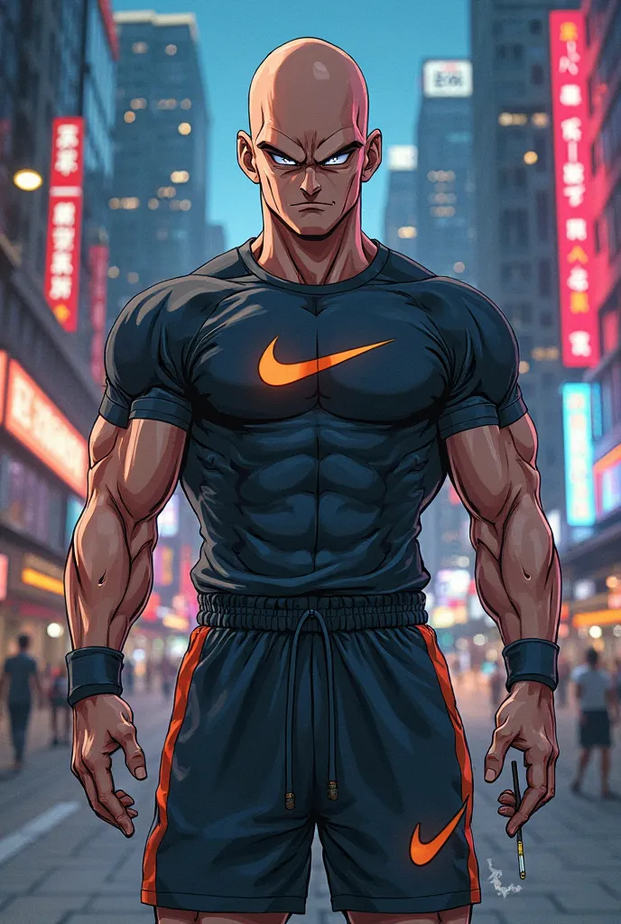 Vegeta from Dragon Ball Z bald dressed in Nike clothes and a joint 