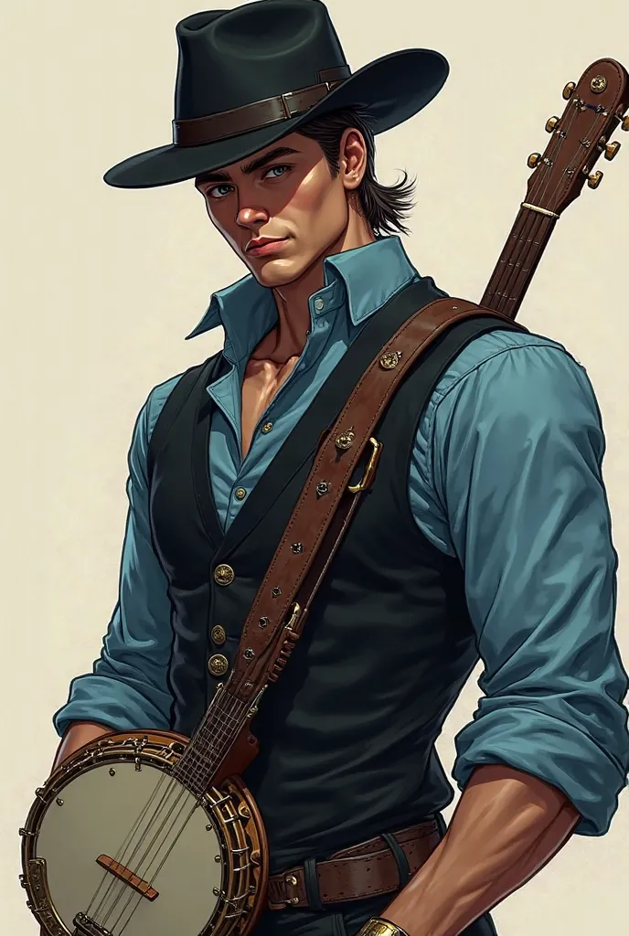 Hero with fine clothes,  Black Hat Sweater, He wears banjo, He's wearing a sleeveless shirt, his color is sky blue.