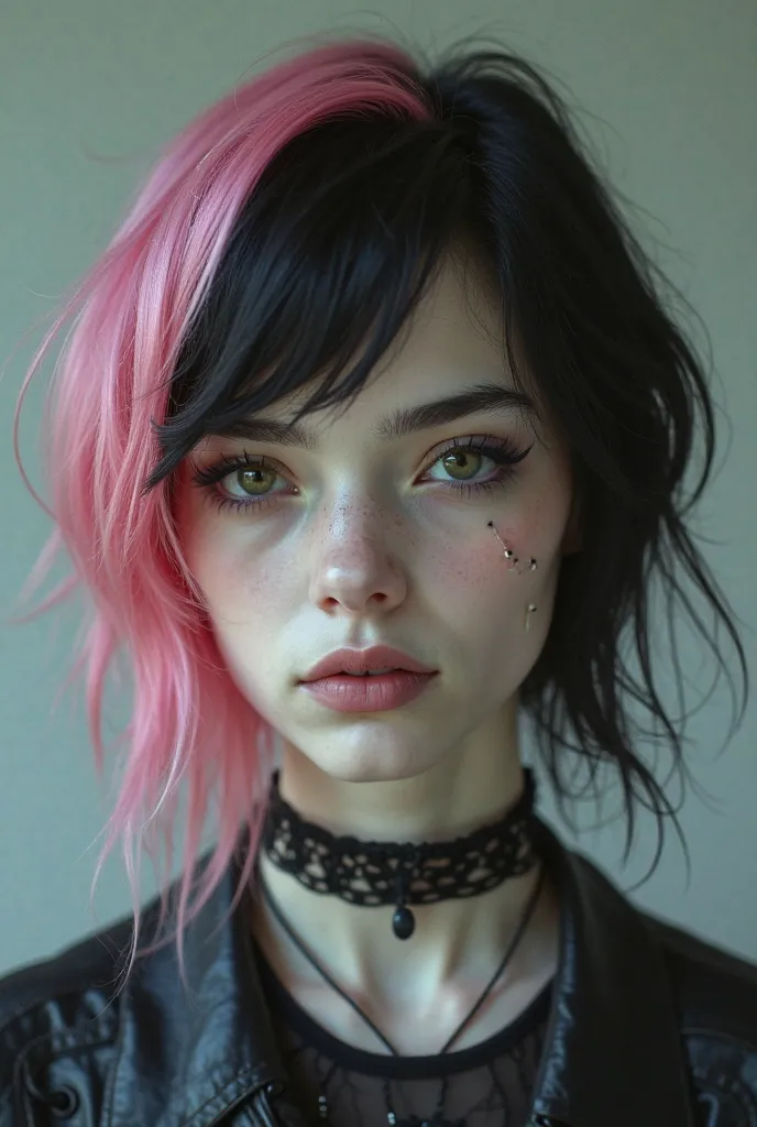 Emo girl with pink and black hair. Posted on instagram. Make it look realistic 