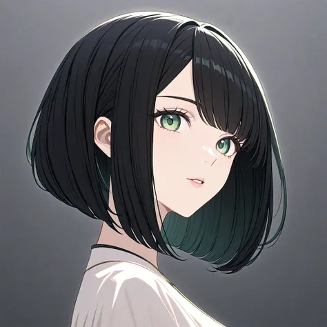 Create an anime with black hair, green eyes, a bob hairstyle with an inflated and dimensional layer. The ends of the hair bend slightly to give the look a soft look, with an undercut underneath the hair, the ends of the hair curled in.