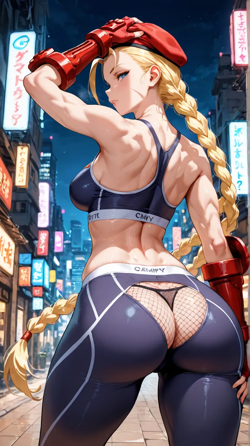 1girl, , Cammy from Street Fighter, very long hair, voluptuous, Silver hexagon yoga pants, hand on ears, parted lips,seductive smile, looking at viewer, city at night, masterpiece, from behind, fishnet panties, medium breasts, bareback, back dimples big bu...