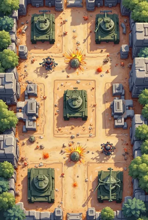 A top-down 2D battlefield map designed for a mobile strategy game, inspired by Clash Royale but with a modern warfare theme. The battlefield is symmetrical, featuring two bases on opposite sides. Each base has two tanks and two drones positioned strategica...