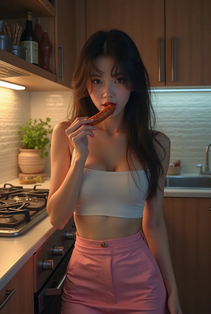 REALISTIC Korean girl wearing white tank top, big breasts,  wearing pink skirt, long hair with bangs, in the kitchen at night, , eat lumer cheese sausage by mouth
