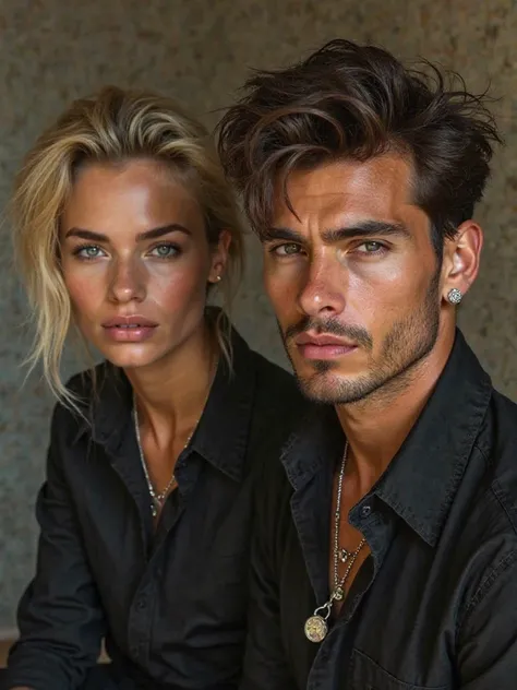 (photorealism:1.2) Ultra-realism describes the 
 Young men's twins with muscular not so exaggerated dressed in black brown, fair skin silver jewelry, with Rolex Messy hair,  And on the left side a young blond woman looking at the spectator
