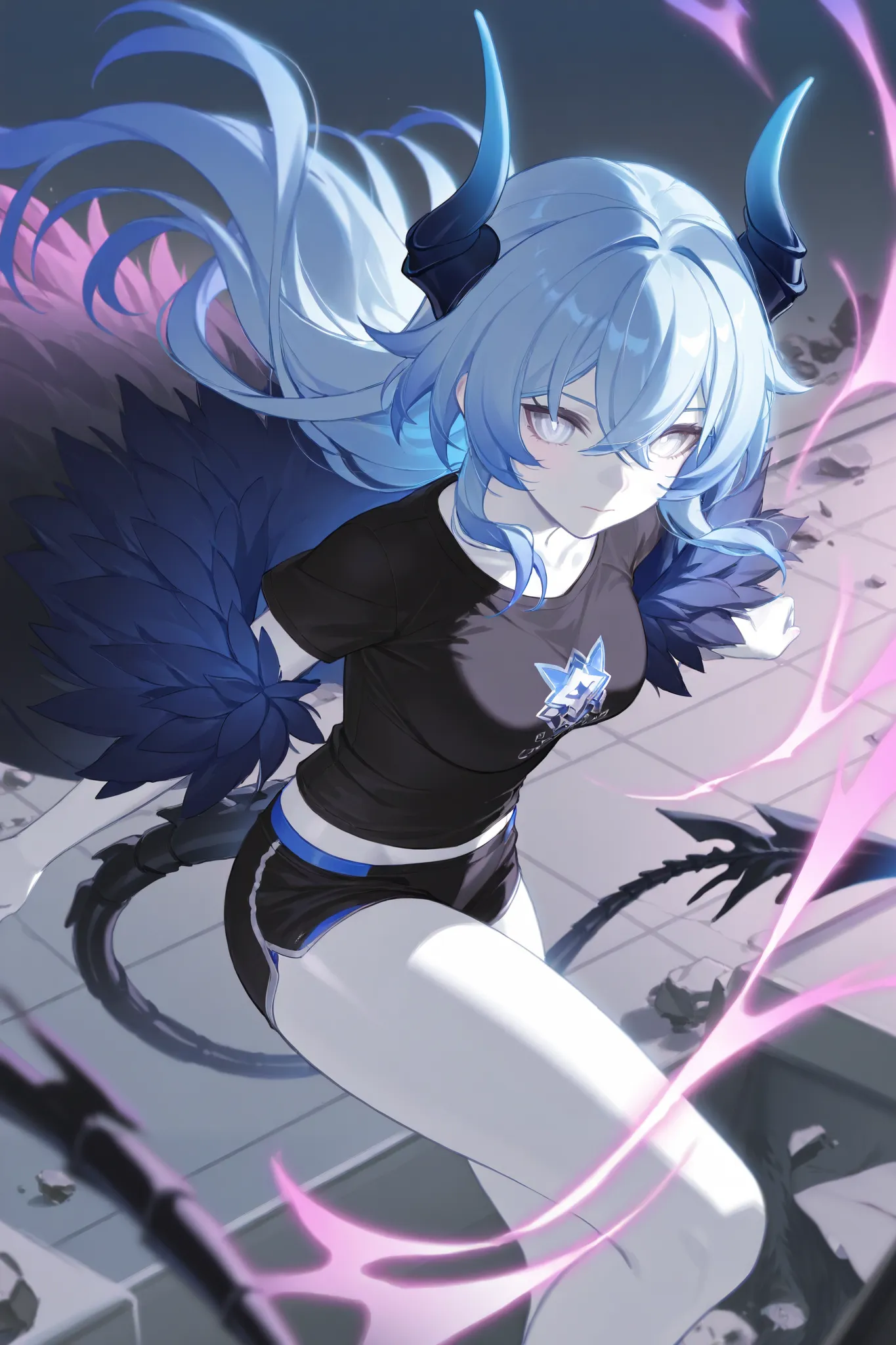 best image quality、High Resolution、 diamond blue hair 、White Eyes、Feather coat、Alien Tail、 Dragon Horn、rooftop、、  black t-shirt 、beautiful breasts、  best thighs、Blue aura、 long hair、best image quality、floating rubble、Xenomorph、Cosmic Aura 、black shorts、 wh...