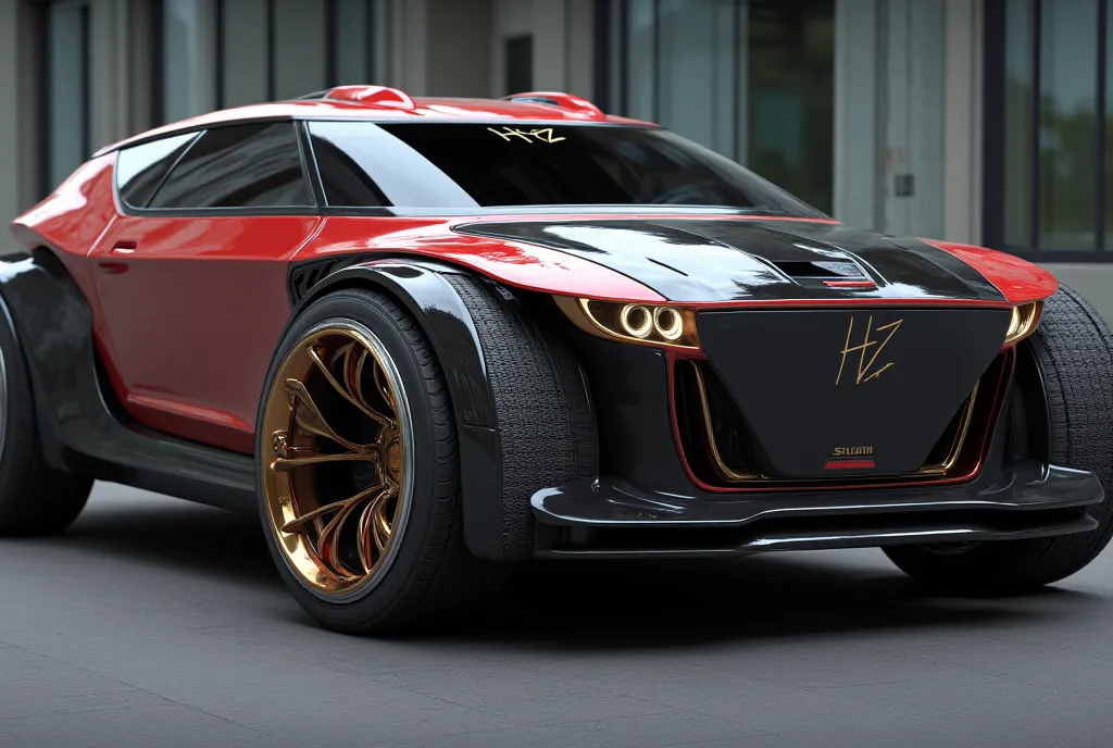 A perfect futuristic sports car from Proton combined with a Zuzuki R/T 3000 with super wide 27' tires and luxury magnesium sports rims in copper tones, on the grill of the car is written in handwritten letters "HZ" the car is very big and tall