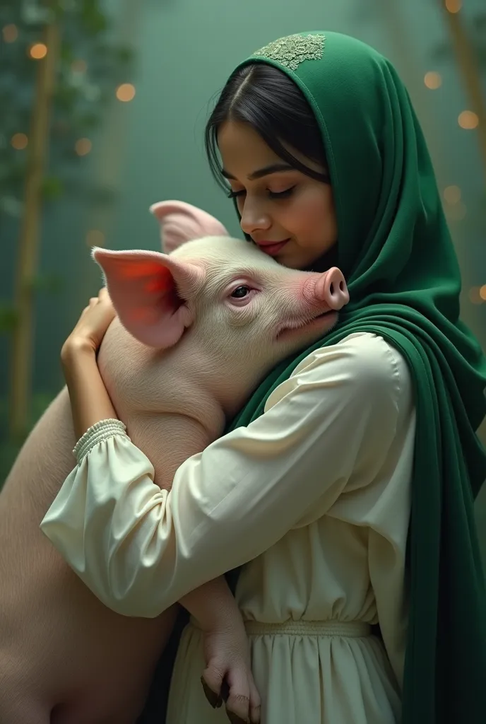 create an image showing a beautiful Pakistani Hijab lady wearing Green and White dress, passionately smooching a pig.