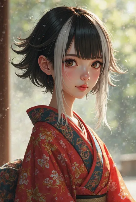 Shreya is a girl with short black hair and two white strands on the front and a girl wearing a kimono 