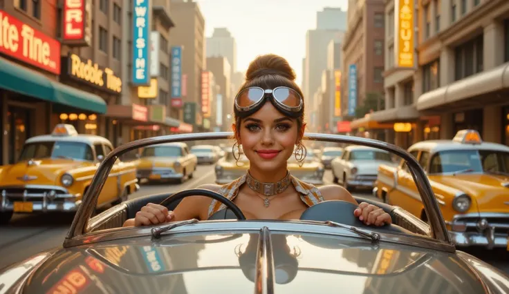 A stunning young woman with a confident and adventurous smile drives a sleek, futuristic convertible through a bustling retro-futuristic cityscape. She wears oversized aviation goggles with metallic rims, pushed up onto her forehead, and a high-tech metall...