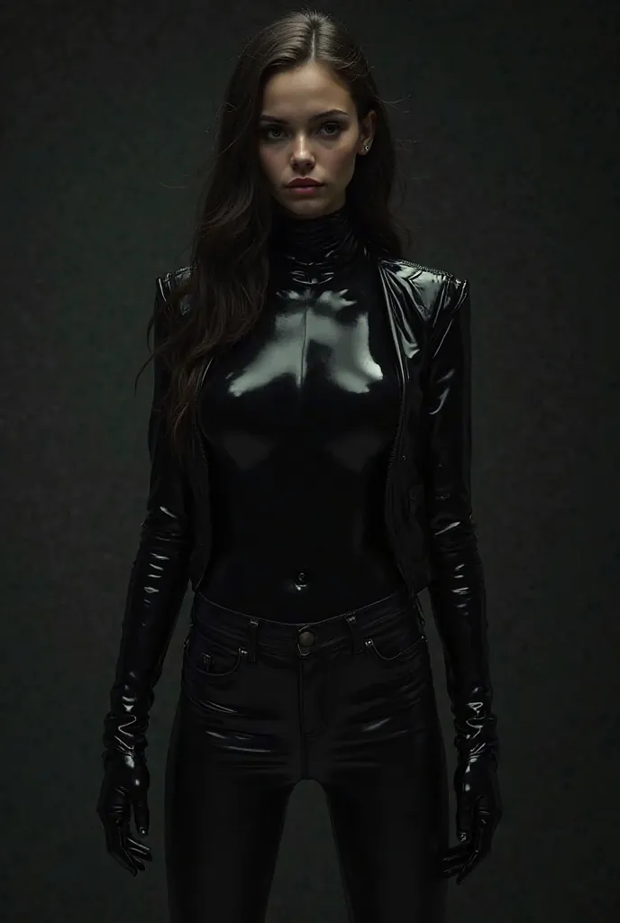 a girl wearing a full enclosed bodyfit skintight black latex catsuit and under black jeans and a black white jacket