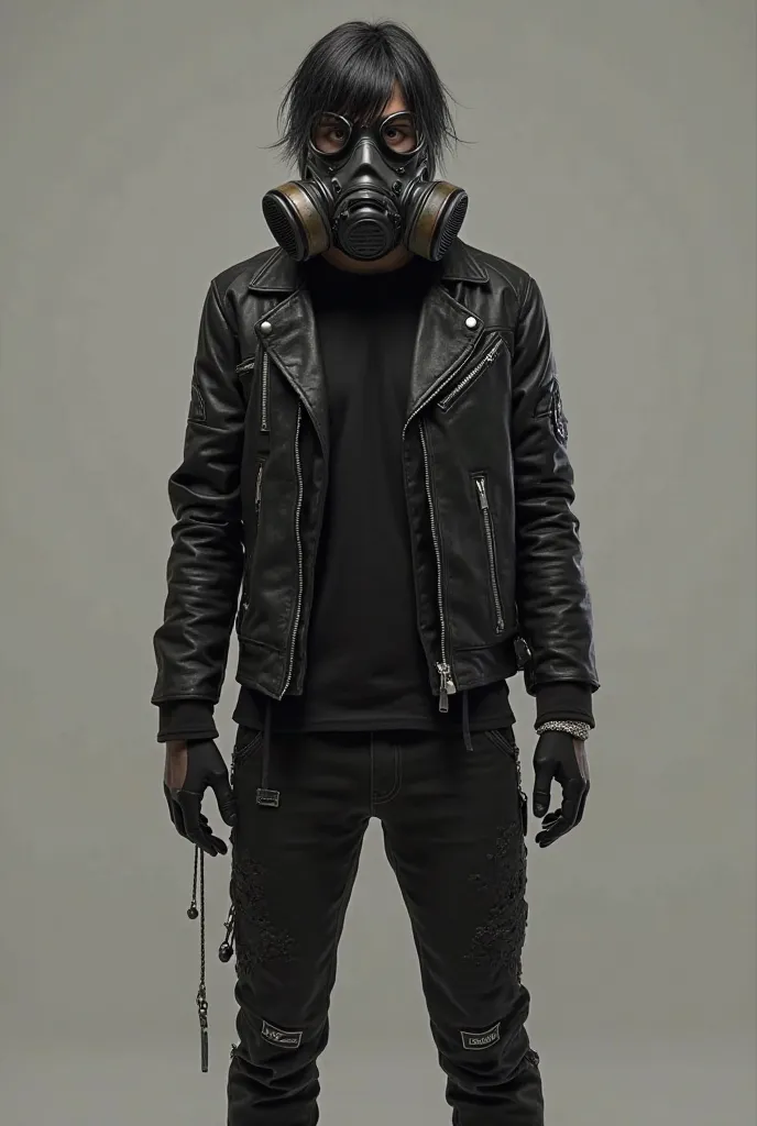 Skin from Warzone clothing is a black shirt, a black leather jacket, wearing black pants, some black tennis shoes,  a gas mask , my black hair with white tips that covers my eyes through the gas mask and my light gray eyes 