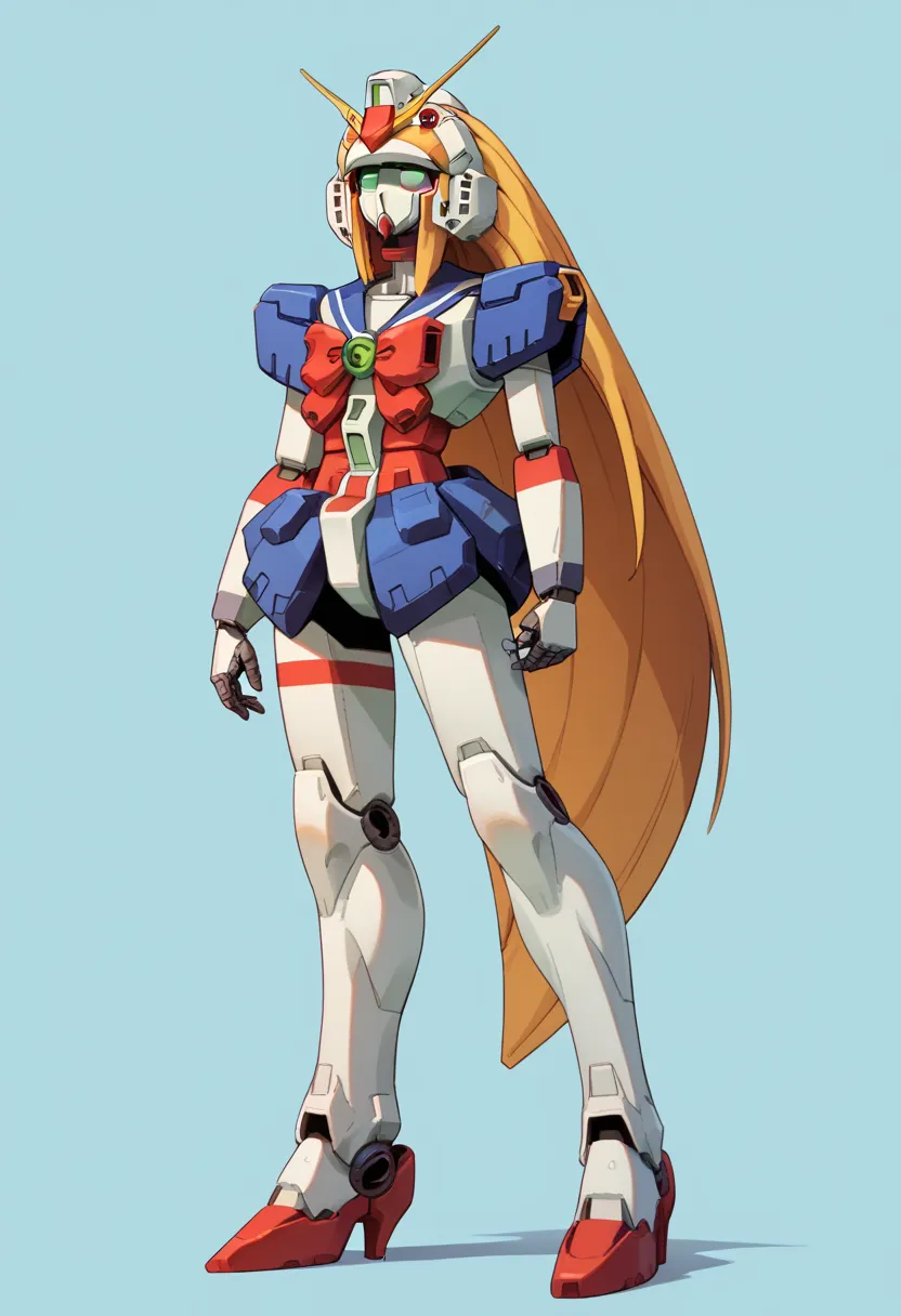  score_9,  score_8_up,  score_7_up,  score_6_up,  score_5_up,  score_4_up, 1 girl, Alone,  robot , Mecha,  there are no humans, green eye, shining eyes, long hair, very long hair, blond hair, V-fin, bow, red bow, sailor color, full body, standing, 
( light...