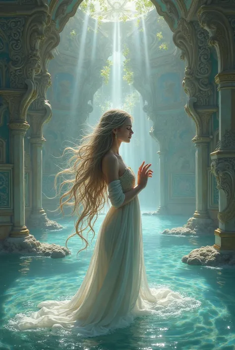  very long hair 　Water Temple　A beautiful goddess is offering a prayer　The Pisces mark is written on the mural　fantasy art style