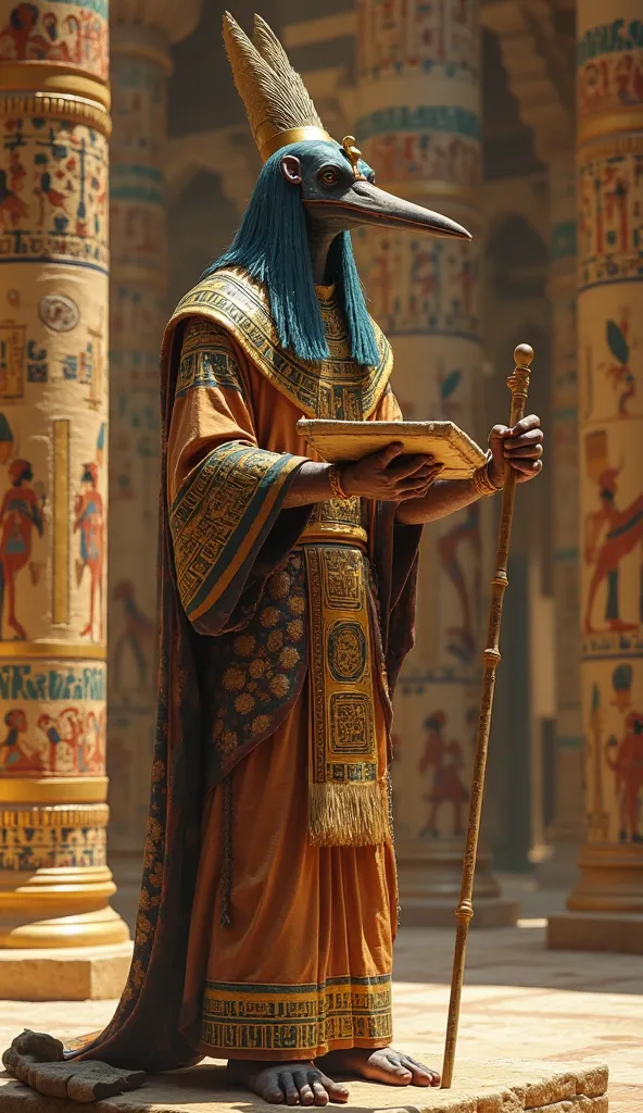 Generate a highly detailed image of the Egyptian god Thoth. He should be depicted as a man with the head of an ibis, highlighting his distinctive features such as the long curved beak. He should be wearing a traditional Egyptian robe, ornamented with golde...