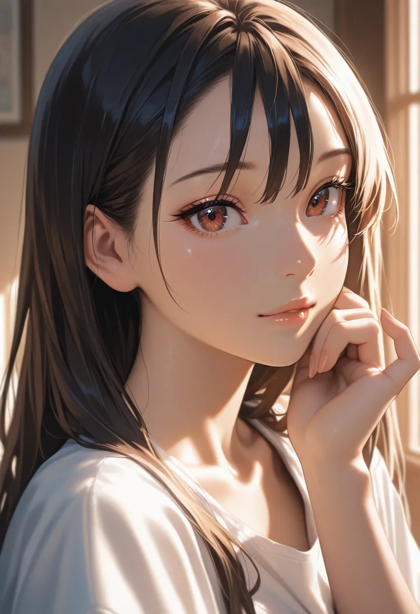 masterpiece, best quality, vibrant, very aesthetic, high contrast, photorealistic portrait,beautiful detailed face,detailed texture,detailed skin, newest, 1girl,summertime rendering,source_summertime rendering,hizuru minakata,shirt,room,realistic lighting
