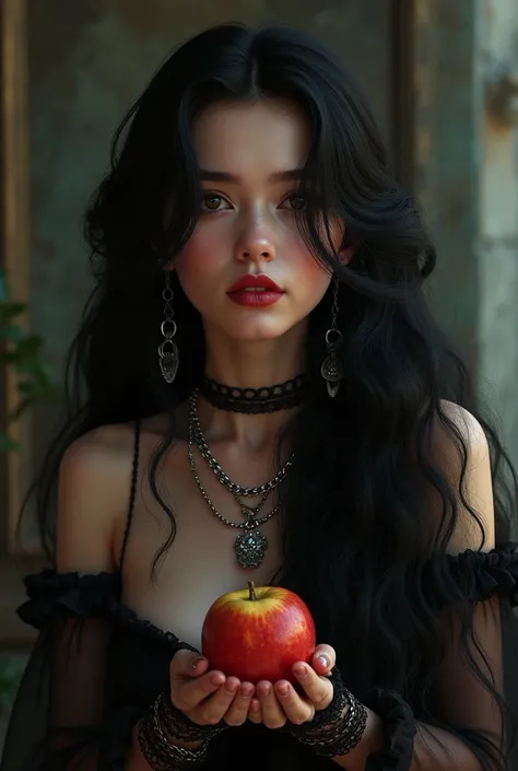 (( RAW photo),  absurd, (absurd resolution)), masterpiece, accessories, (Extremely detailed 8k unit CG wallpaper), (best illustration), ( best shade), Realistic lighting, detailed and beautiful brightness, (( 21 years old)), chica, long black hair, black q...