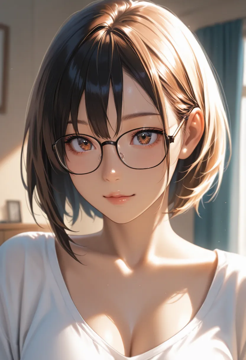 masterpiece, best quality, vibrant, very aesthetic, high contrast, photorealistic portrait,beautiful detailed face,detailed texture,detailed skin, newest, 1girl,summertime rendering,source_summertime rendering,hizuru minakata,glasses,shirt,room,realistic l...