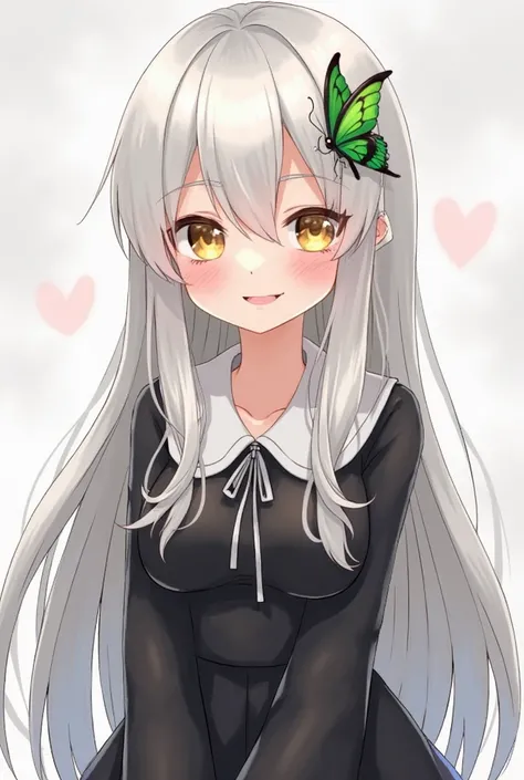 A cute girl with long white hair  ,   dressed in a black dress with a collar  .   She has a beautiful round face with a mocking smile and look , ready to chat  .   She has big attractive breasts  ,   and a medium green butterfly hairpin .  She's got golden...