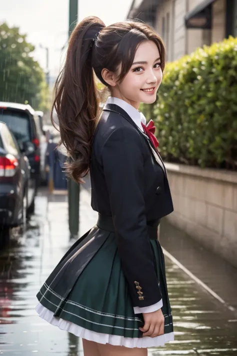 Masterpiece,  best quality ,  Official Art, ( Highly Detailed CG Unity 8K Wallpaper ),  detailed background,  Foot frame off ,  first-person view, 1,   beautiful woman charming and perfect,  high school girl, ＪＫ,  high school girl Uniform, Rainy Day, Lots ...