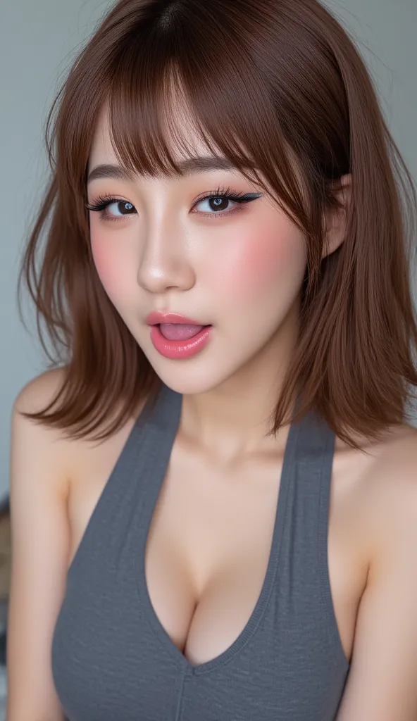 ((Best Quality, 8K, Masterpiece: 1.3)), beautiful Asian Korean e-girl streamer makeup, sports bra that emphasize perfect big cleavage, she cups her top gently squeezing them togethet to accentuate their voluptuous cleavage line, wide round-shaped cleavage ...