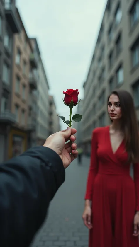 A front view composition where only a man's hand is visible as he extends a rose to a woman. The woman wears a long-sleeved red outfit. The background consists of gray buildings with a desaturated, faded atmosphere. The overall scene has a muted color pale...