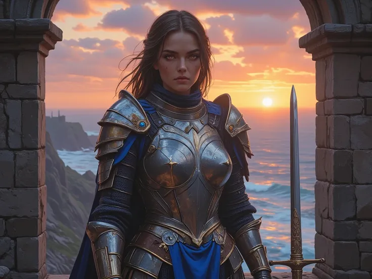 A noble warrior wearing a,90m, in a medieval tower overlooking the sea at sunset.  she's standing, with one hand at the handle of a long sword stuck in the ground and the other relaxed at the side of your body. Her face is symmetrical and aristocratic, wit...