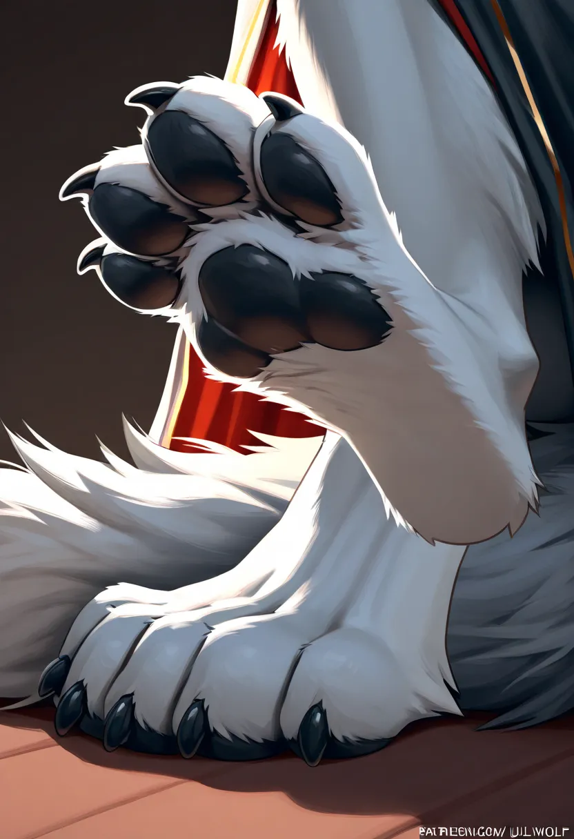 (side view of a closeup wolf foot: 1.2), (ultra closeup of a wolf boys foot only: 1.3), (furry wolf boy: 1.1), robes, simple background, (ultra closeup of wolf feet: 1.2), (foreshortening: 1.2), (closeup wolf foot: 1.2), sitting, (showing paws: 1.1)