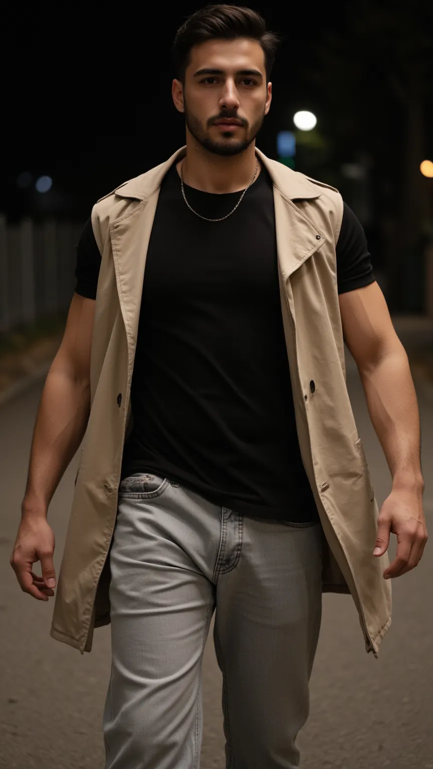 a handsome young turkish guy with muscle, dark very short hair fade and goatee he wearing a black tshirt and a beige trenchcoat , light loose jeans and a thin chain he is outdoor and walking amateur photo random picture its night and location is germany he...