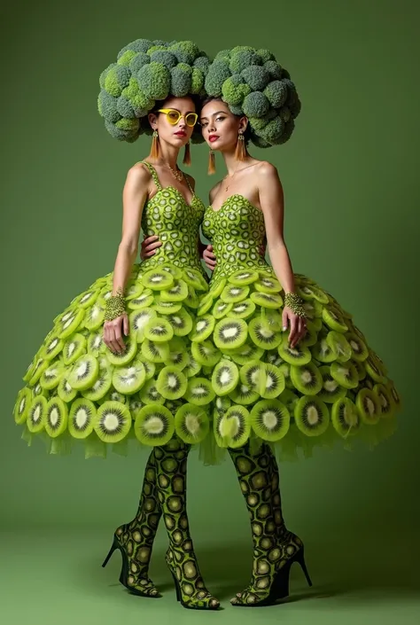 ((best quality)), ((Masterpiece)), (deteatled),

 prompt: potoshoot full body wide angle dua orang modelling Rusian woman with freckles in a fully green dress avant garde made of kiwie fruit and brokoli with [hair ornaments made of green kiwi fruit slices]...