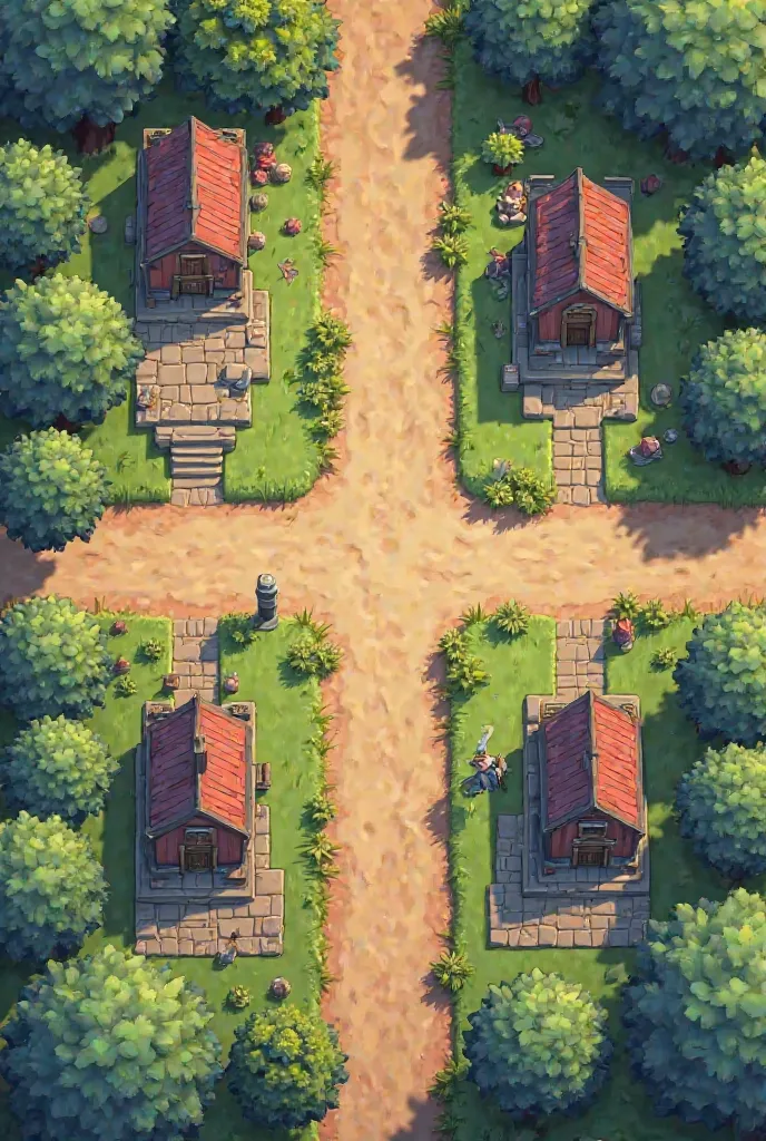 A top-down 2D battlefield map designed for a mobile strategy game, inspired by Clash Royale but with a modern warfare theme. The battlefield is symmetrical, featuring two bases on opposite sides. And I want style illustration colorful