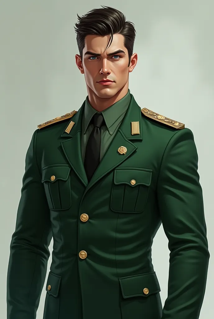 Generates the image of a man, green military suit dress,  muscular, slim and young,  thin lips and short black hair, Serious and blue-eyed 