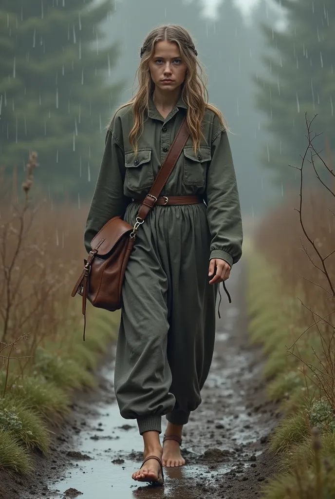  Russian Serf Girl,19 years old, barefoot,poor,wearing a patch sundress with no tears on my left arm and shoulder,Heavy rain,got wet all over the body due to heavy rain,Walking on a muddy path,My feet are covered with a lot of mud,I have a leather crossbod...