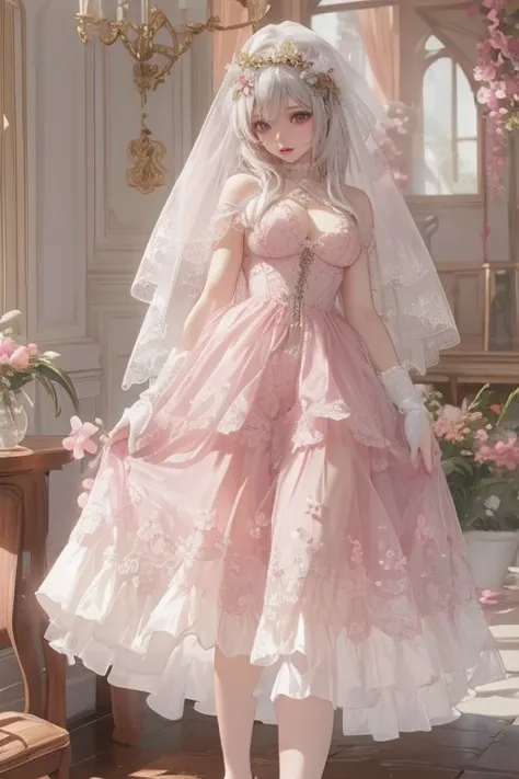 Mid-to-long range shots,  full dress shot  ,  full body illustration ,  Straightforward Portrait, ( Anime Girl, solo focus:1.5), beautiful gorgeous captivating cute adorable princess, Nose Blush, ( blanking:1.5), (pink eye:1.5) , (((hyper detail delicate b...