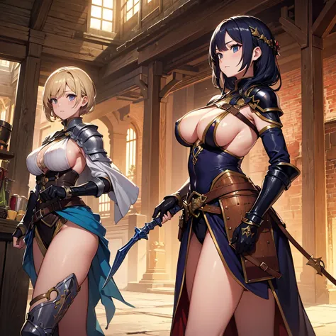 High quality, super detailed, best quality, highly detailed, beautiful, masterpiece, vibrant colors, shiny skin, perfect anatomy, female group, harem, knights, armor, medieval, fantasy, equipped with weapons, bags, pouches, big boobs, sideboob, underboob