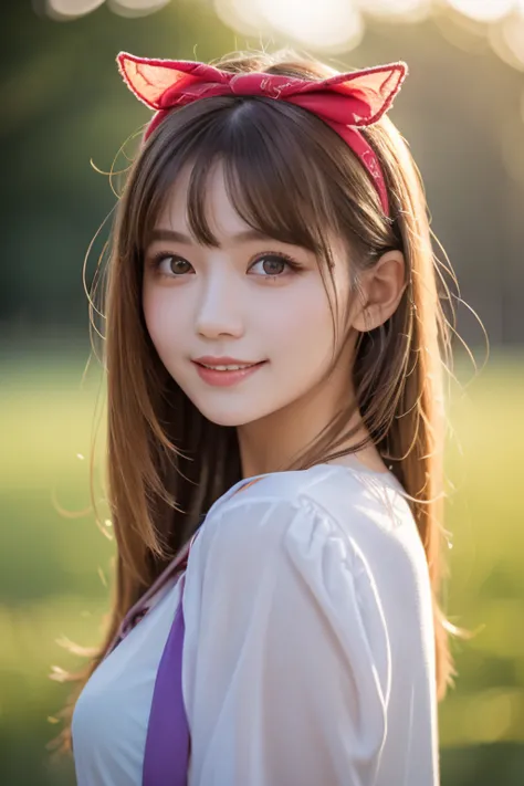 Masterpiece,  best quality ,  best quality , (  intricate detail :1.2),  beautiful eyes,  1 girl, Alone, Outdoors,  blue sky, cloudy, Bokeh,  lens flare, anamorphic  lens flare,  allows depth of field ,  enchanting face ,  bewitching smile, {{heanna_violet...