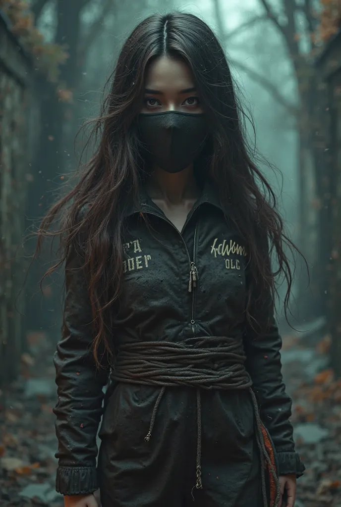 create 3d animation, Long Haired Woman Tied, using a jacket , wearing a mask ,
It says Mother Kirana's name on her jacket