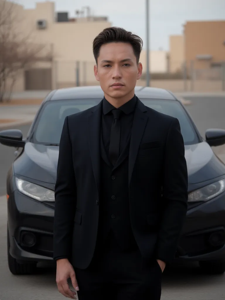 Create a highly realistic and attractive 18-year-old young man with a confident expression, standing in front of a sleek black 2020 Honda Civic. He has a sharp jawline, dark expressive eyes, thick well-groomed eyebrows, and neatly styled medium-length blac...