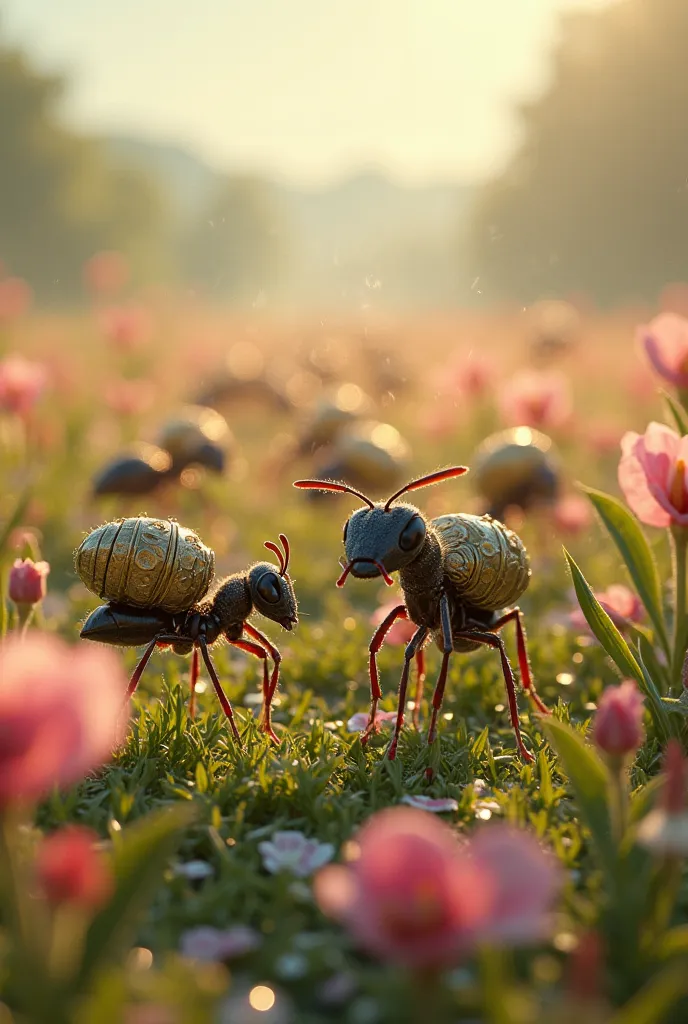 A lot of ants with a lot of money in an open field full of flowers with super realistic dew