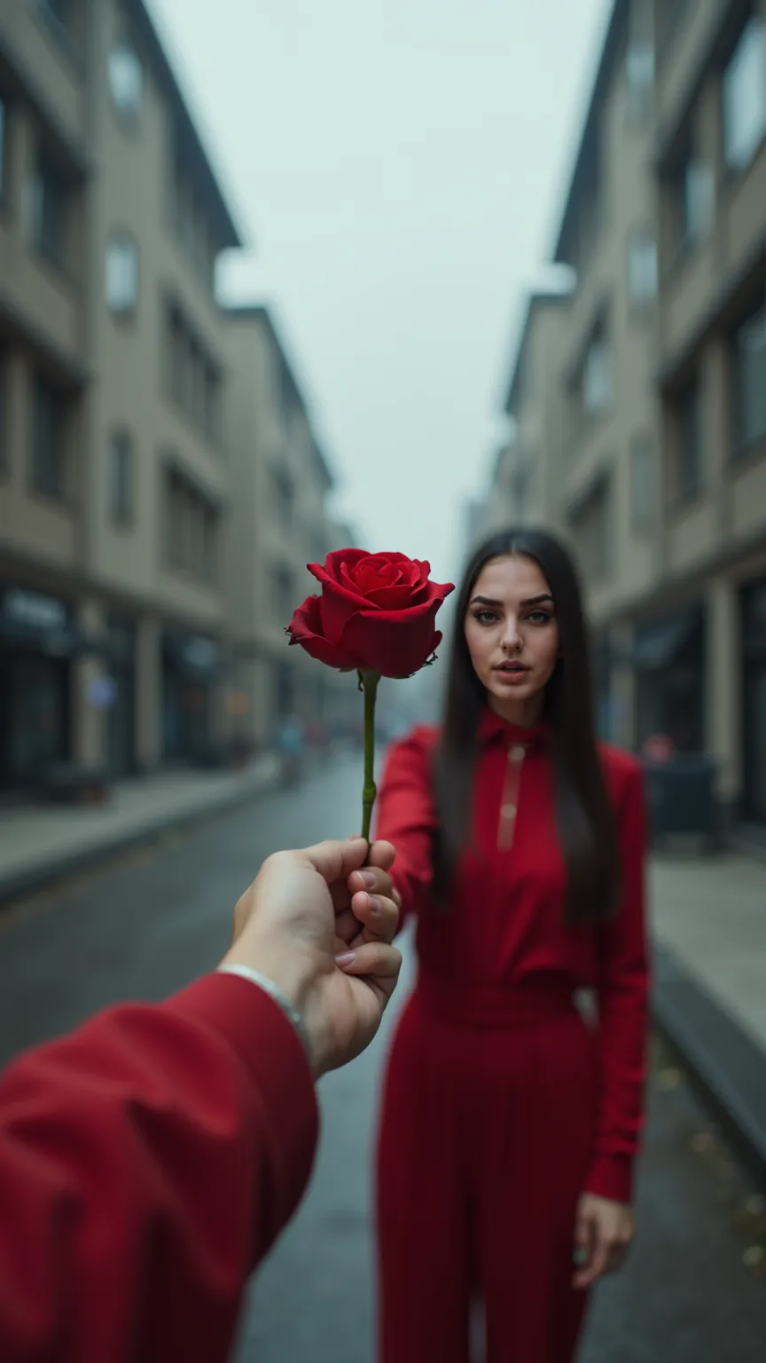 A front view composition where only a man's hand is visible as he extends a rose to a woman. The woman wears a long-sleeved red outfit. The background consists of gray buildings with a desaturated, faded atmosphere. The overall scene has a muted color pale...