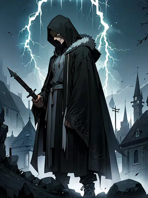 ultra-detailed, 4k resolution, cinematic lighting, epic fantasy atmosphere:: --v 6 --ar 16:9:: --v, laxus dreyar, fantasy style, surrounded by crackling lightning. he wears a dark, hooded cloak, and wields a powerful hammer. a sinister grin plays across hi...