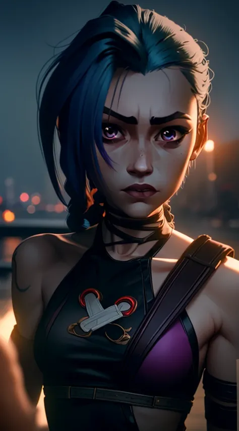 (masterpiece, best quality), 1 , pretty face, hands, Braid, Braided ponytail, gravata ,red purple eyes, Jinx cries in front of the camera,  blue cloud tattoo , Chest without pulp ( masterpiece , best quality),  side lighting , beautiful and detailed eyes, ...