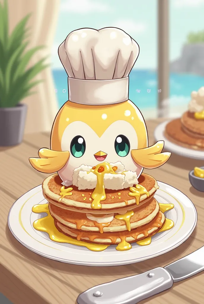 Rowlet de Pokémon, Anime Style, manga, with a plate with a tower, pancakes with butter melting on top and a tall chef's hat. Chibi style