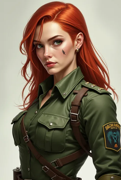 Real woman,with green eyes, HAS A SMALL SCAR ON THE LEFT CHEEKBONE,  white skin, parts, redheads,   with military clothing 