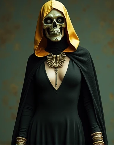  Realistic Skull Mouth. With human eyes, Wanda appears wearing a long black dress with a V-neck halter neckline, long sleeves and a black cape, golden hoodie and bracelets and her death shape and a dagger in her hand and a necklace of bones and her origina...