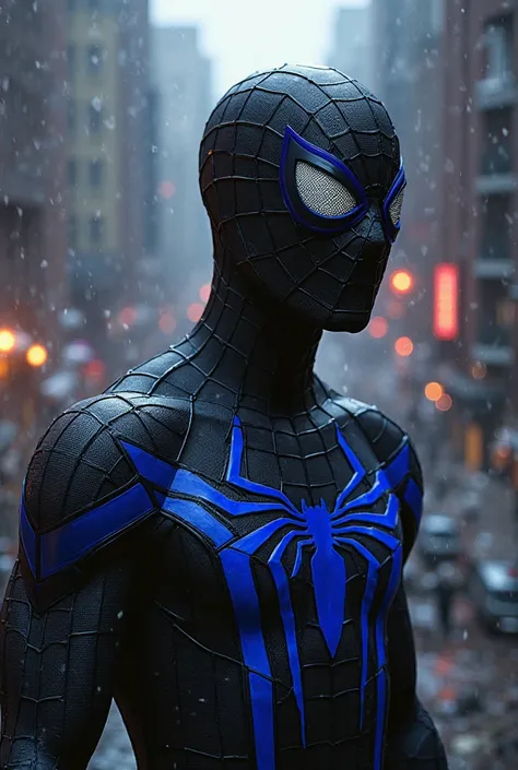 Spiderman in a black suit and blue lines in a strong tone, From behind the city there is chaos and everything dark and that the costume is very bright, Spiderman's mask is broken and you can see part of his face 