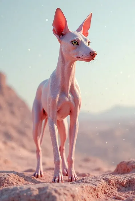 baxer dog without hair completely bald skin soft pink body soft pink body glitters fleshy female stands on 4 legs 500 meters tall high resolution